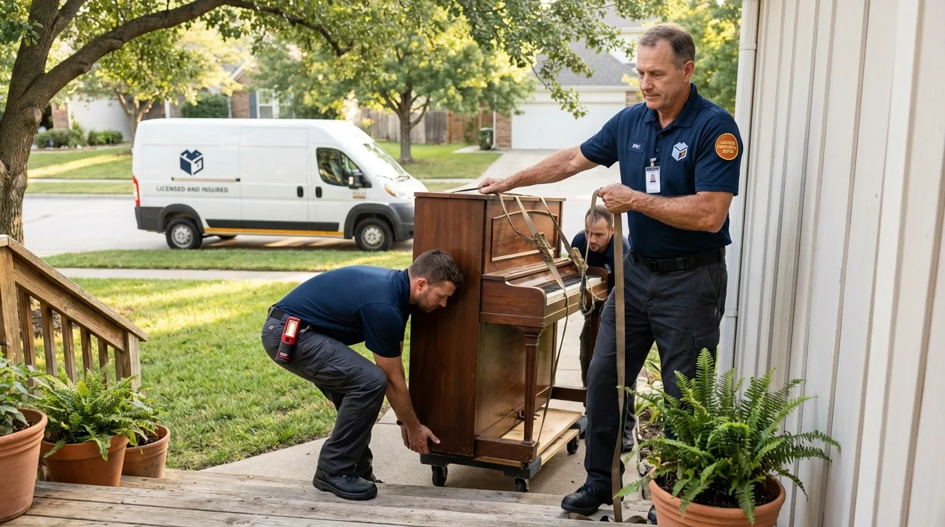 Licensed piano movers securing grand piano in Rockmart, GA