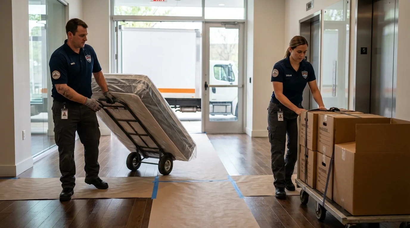 Professional apartment movers loading elevator in Rockmart, GA